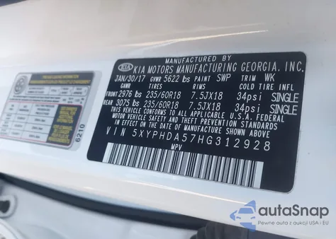 2017 Kia Sorento 3.3L Ex z USA, uszkodzony, nr VIN 5XYPHDA57HG312928